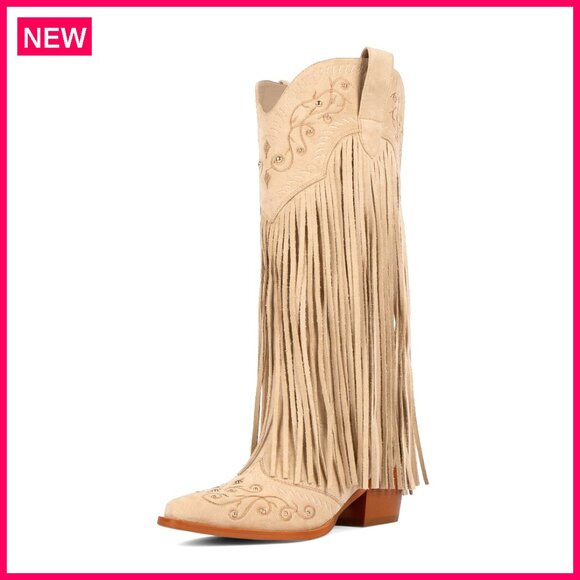 Knee High Cowboy Boots with Fringe and Embroidered Suede Leather Chunky Heel